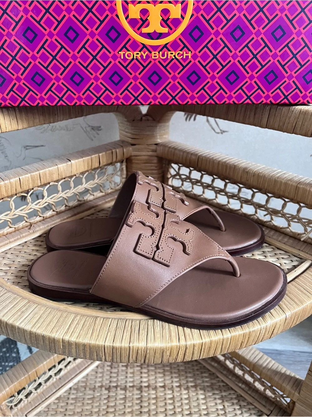 Tory Burch‎ Weston full logo thong sandals calf leather royal tan